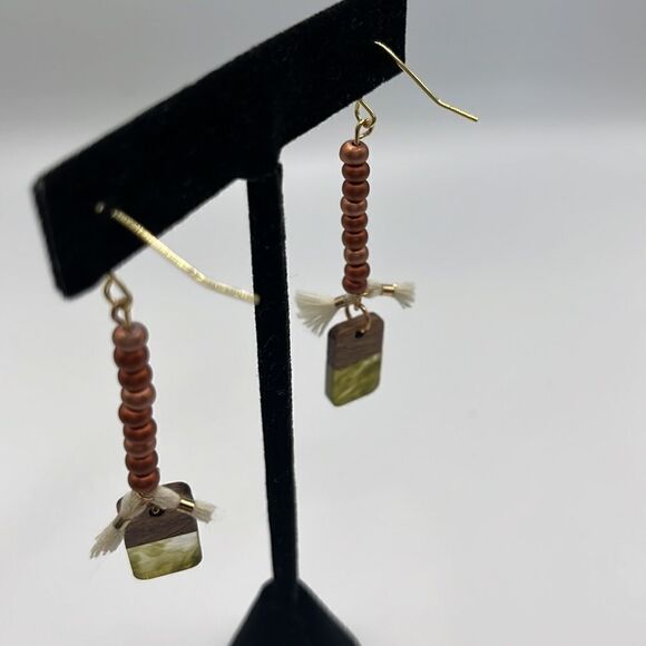 Gold Tone Beaded Tassel Earth Tone Rectangular Charm Boho Earrings - Picture 4 of 7